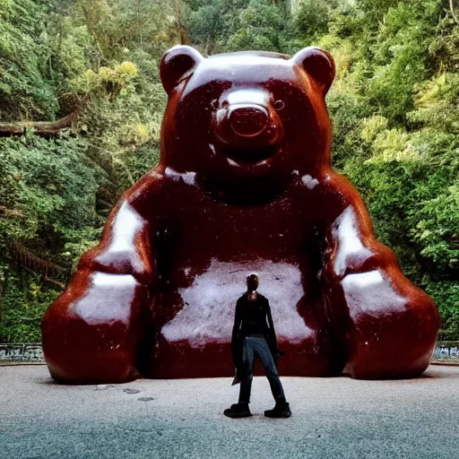 Image similar to a stunning image of a giant gummy bear on a golden pedestal, many people worshipping, dark cave like surrounding.