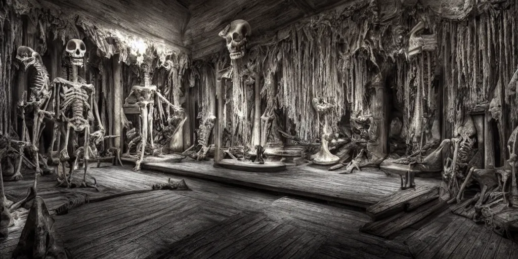 Prompt: a big room in a museum of skeletons, photorealistic, highly detailed, texture, gustave dore, 3 d sculpture, soft light, dramatic, moody, scary, ambient, hall,