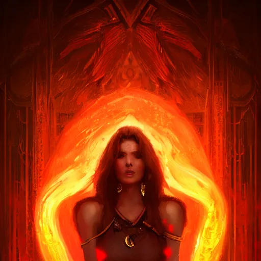 Image similar to a beautiful portrait of a fire goddess by greg rutkowski and raymond swanland, trending on artstation, flaming background, ultra realistic digital art