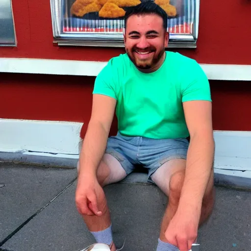 Prompt: happiest man alive looking at chicken nuggets