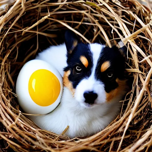 Image similar to a baby corgi emerging from an egg in a nest, photography, photorealistic