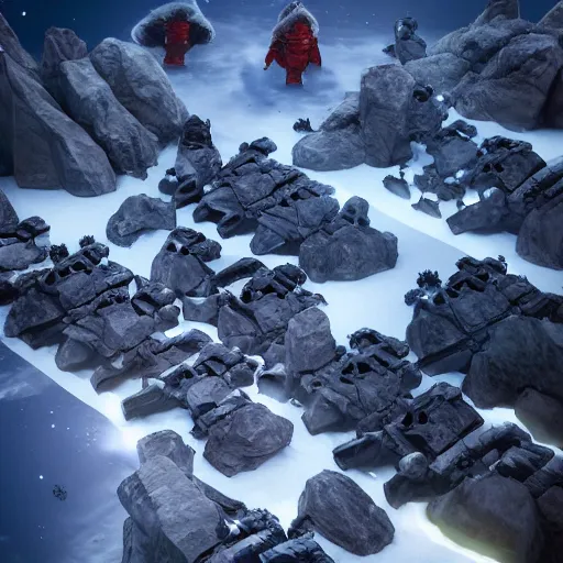 Prompt: an army of space soldiers invading an ice world full of mountains and rocks, award winning, trending on artstation, unreal engine