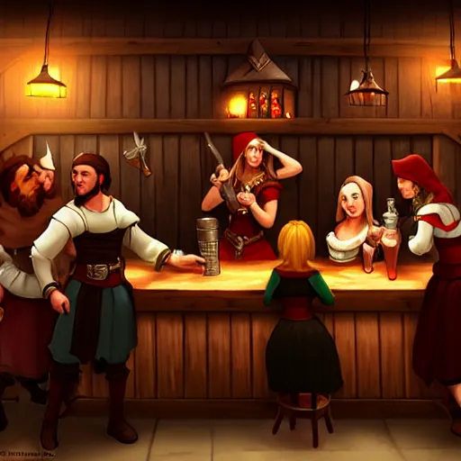 Prompt: medieval tavern with barmaid and patrons, deviantart, artstation, fantasy