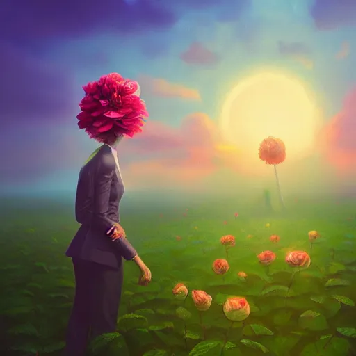 Image similar to closeup, giant rose flower head, frontal, girl in suit, surreal photography, sunrise, blue sky, dramatic light, impressionist painting, digital painting, artstation, simon stalenhag