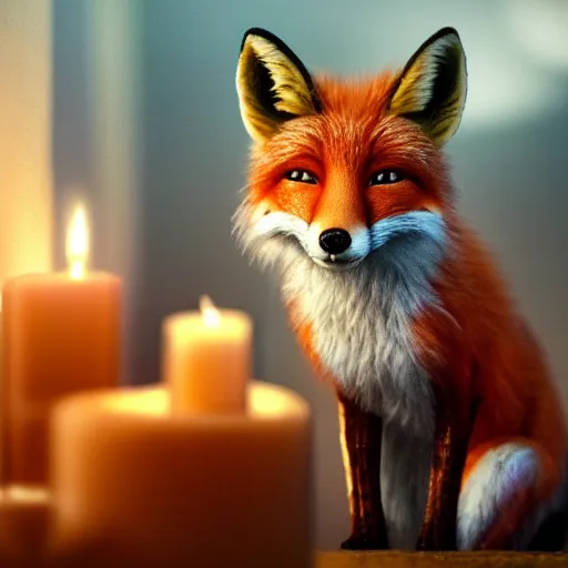 Image similar to a beautiful hyper realistic ultra detailed lifelike matte painting of a fox in front of a candle, unreal engine, deviantart, flickr, artstation, octane render, textured, colorful, extreme realistic detail, physically based rendering, pbr render, very detailed, volumetric lighting, detailed lighting, octane render, 4 k, cinematic lighting, 8 k resolution