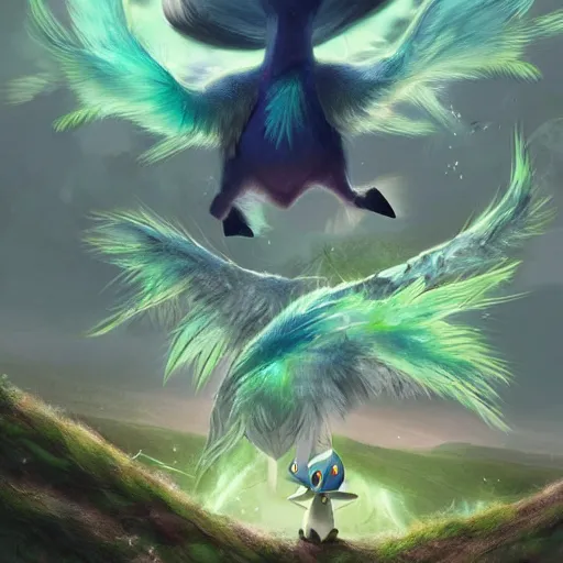 Image similar to a cute beautiful earth type pokemon, green feathers bursting out of his hair, full body shot, highly detailed digital art, 3 d perspective, award - winning illustration, aesthetic, smooth, pokemon style, made by greg rutkowski, with an alien landscape in the background