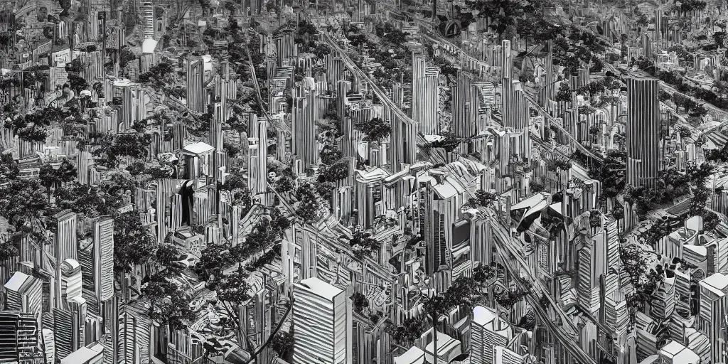 Prompt: cinematic high contrast graphic illustration of hyper detailed highway realistic afro futurist city blocks in a jungle by frank lloyd wright architect, helicopters, wide angle, insanely detailed and intricate