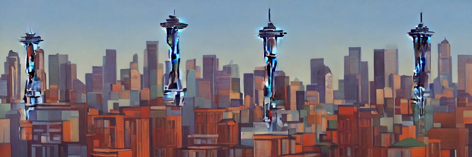 Prompt: seattle cityscape oil painting magritte