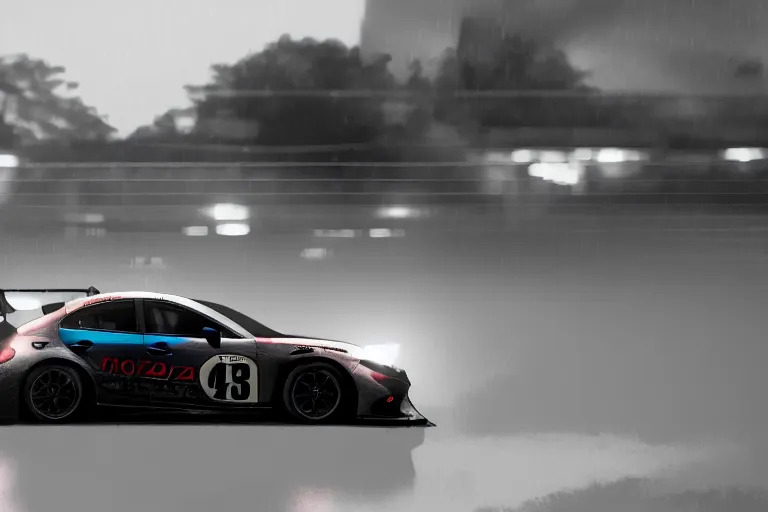 Prompt: Mazda 3 2022. Mazda3 GT Le Mans car racing on dimly lit track overcast skies raining headlights illuminating track, volumetric lighting cinematic vray 45mm photo muted colors dark cinematic. front side view uncropped centered. artstation trending dramatic harsh lighting low exposure