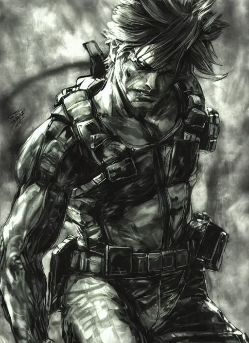 Image similar to solid snake by yoshitaka amano, final fantasy metal gear cover art, concept art, dark hair, sneaking suit