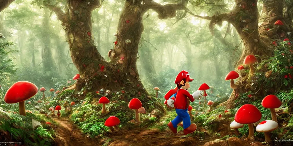 Prompt: Mario roaming through a forest landscape, Mushroom Kingdom, Super Mario Theme, giant red and white spotted mushrooms, by Stanley Artgerm Lau , greg rutkowski, thomas kindkade, alphonse mucha, loish, norman Rockwell