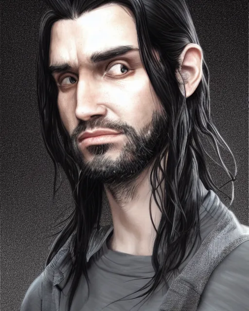 Image similar to portrait of tall, tired 3 3 - year - old handsome man with long black hair, grey eyes, wearing black clothes, hyper realistic face, beautiful eyes, character art, art by mark brooks, hyperdetailed, cryengine, trending on artstation, digital art