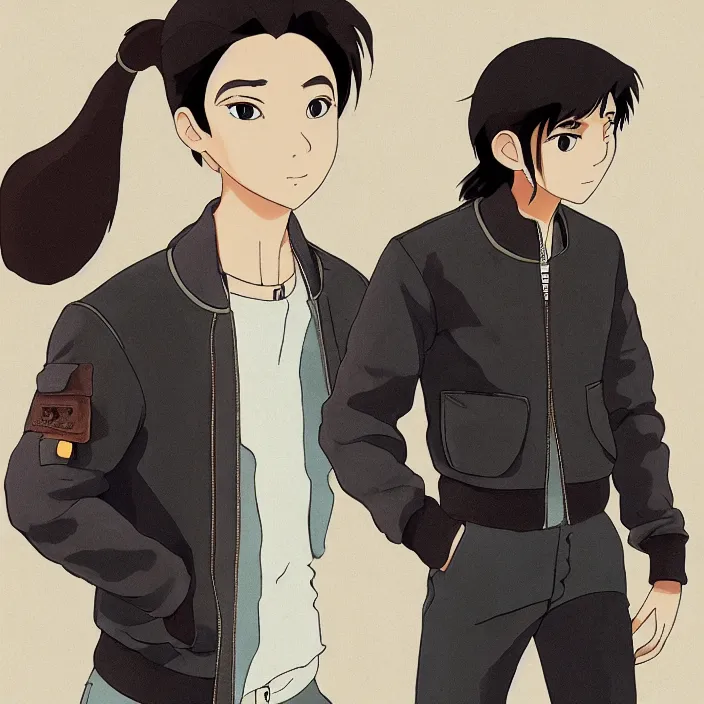 Image similar to cantido joseph nandaba wearing a leather bomber jacket, black sweatpants, studio ghibli, character design, high resolution