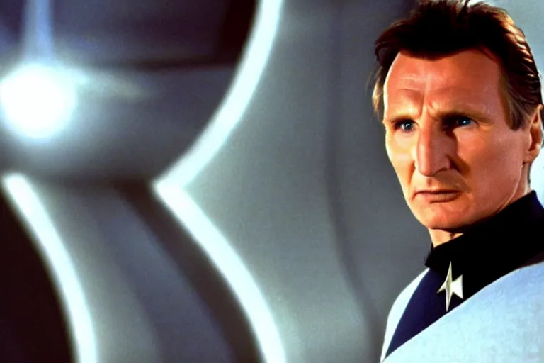 Prompt: A film still of Liam Neeson in a Star Trek: The Next Generation, sitting in Ten Forward, dramatic lighting