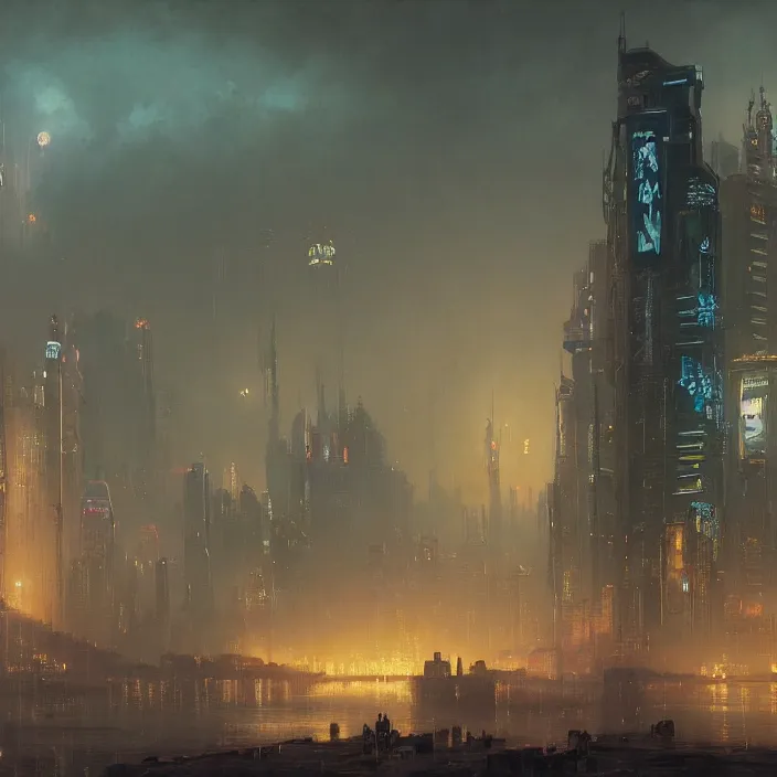 Prompt: a beautiful oil painting of a cyberpunk city on the wasteland by ivan aivazovsky and greg rutkowski and james gurney and frank lloyd and sung choi and dofresh, in style of impressionnisme. hyper detailed, sharp focus, soft light. unreal engine 5 lumen. ray tracing. trending on artstation. oil on canvas