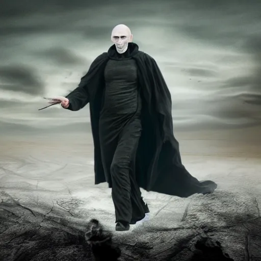 Prompt: voldemort putin as a dementor slowly slithering across a barren desert wasteland and melting into the darkness around him, 8k, surrealism, painting, ultra realistic, moody, foggy, desolate, forlorn, sad, decrepit ruins, twisted gnarled trees, broken castles, hungering void