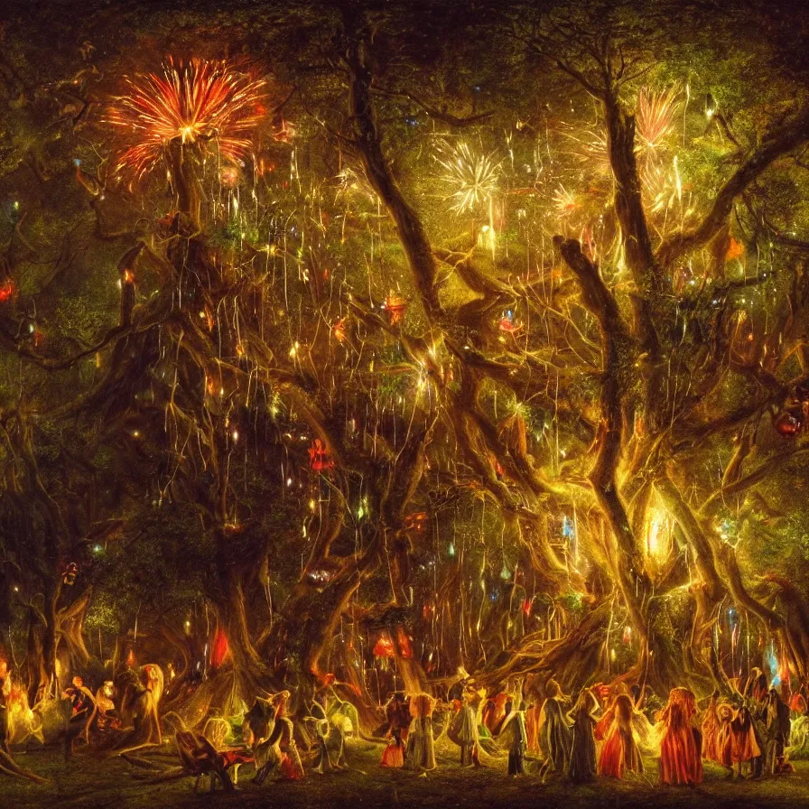 Image similar to closeup of a night carnival inside a tree cavity in a magical forest in the middle of a summer storm, with a music scenario with many fireworks and christmas lights, volumetric lightning, instense god rays in the sky, folklore people disguised with fantastic creatures in a magical forest by summer night, masterpiece painted by walter langley, scene by dark night environment, refraction lights,