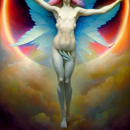 Image similar to psychedelic angelic celestial being artwork of peter mohrbacher, by henry fuseli, ayahuasca, energy body, sacred geometry, esoteric art, rainbow colors, divinity