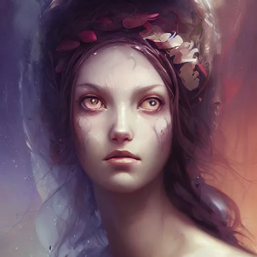 Prompt: face of a cute girl with eyes wide open looking into enlightenment by peter mohrbacher and emmanuel shiu and martin johnson heade and bastien lecouffe - deharme