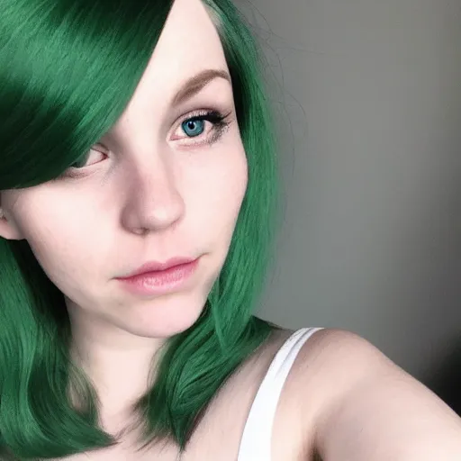 Image similar to a pale girl with green hair, soft facial features, looking directly at the camera, neutral expression, instagram picture