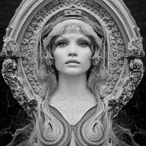 Prompt: wonderful princess made of marble, beautiful face, hyper detailed, flowing psychadelic background intricate and detailed, ornate 8 k gorgeous intricate detailed, octane render, black and white