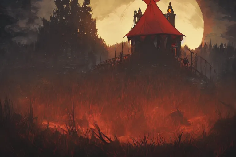 Image similar to digital illustration of a dark fantasy gothic circus tent, artstaton, League of Legends, red dead redemption2, overwatch