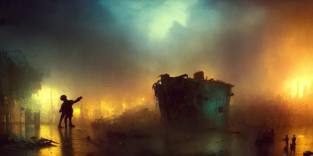 Prompt: a child scavenging in a massive dumpster containing metal and electronic scraps, extremely intense, dramatic, vibrant, cinematic view, lush cyberpunk, neon lights in the background, foggy and rainy atmosphere, pollution, detailed, by william turner and ivan aivazovsky