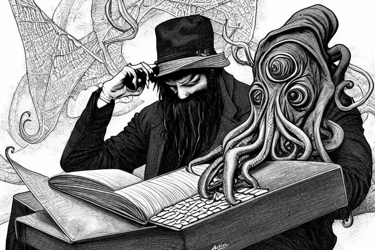 Prompt: cthulhu sitting in a coffee house sipping several cups off coffee while reading a book and typing on a laptop, wearing a hipster hat, in the style of art by artgerm and greg rutkowski and alphonse mucha