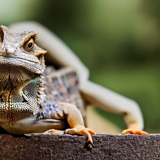 Image similar to dslr portrait still of a bearded dragon wearing a top hat and bow tie, 8 k 8 5 mm f 1. 4