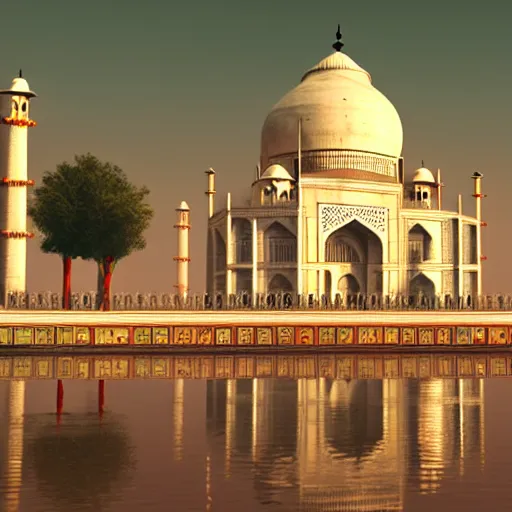 Image similar to if The Taj Mahal was built in cyberpunk 2077, hyper-realistic, futuristic, neon lights, digital art, cinematic 3d render