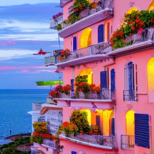 Prompt: a french building. sunset lighting. sea in the background. balconies with flowers. people dining on the balconies