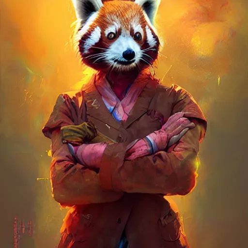 Image similar to red panda as female doctor character, digital illustration portrait design, by android jones and greg rutkowski, retrowave color scheme, detailed, cinematic lighting, wide angle action dynamic portrait