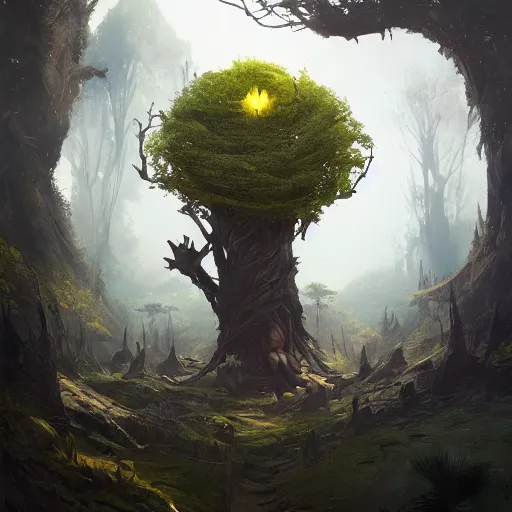 Image similar to living tree, in the shape of a rat with legs and yellow eyes, dark land, by greg rutkowski, trending on art station, highly detailed, magic the gathering, matte painting