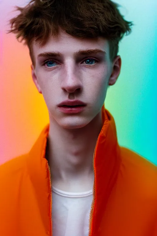 Image similar to high quality pastel coloured film mid angle portrait photograph of a beautiful young 2 0 year old male, soft features, short hair, perspex space visor and oversized inflated clothing!!!! icelandic black! rock pool environment. atmospheric three point light. photographic. art directed. ( pastel colours ). volumetric. clearcoat. waves. 8 k. filmic.