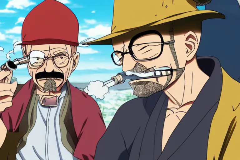 Prompt: walter white smoking a big joint in One Piece Anime Series, 4k Resolution.