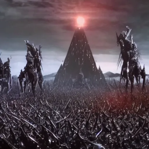 Prompt: A promotional image from the new Simarillion movie by New Line Cinema, Morgoth is towering over Fingolfin at the battle of Angband, 4k, Cinematic, highly detailed special effects