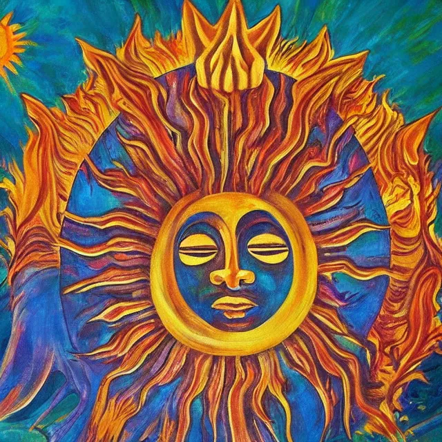 Prompt: dissection of sun god made of shining light, mythical painting