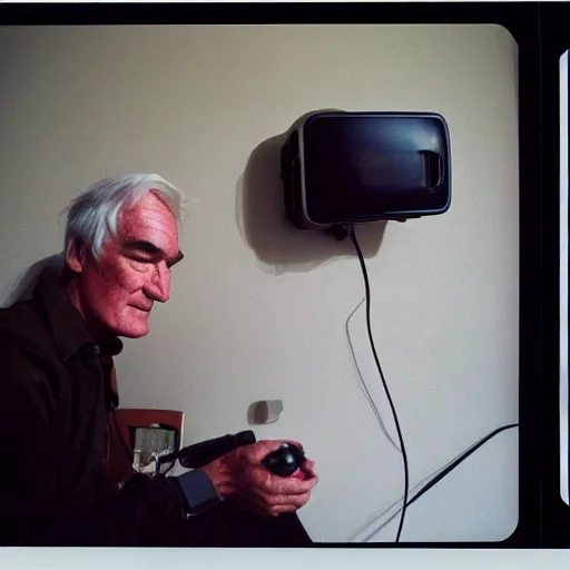 Image similar to Timothy Leary sitting Down with a VR headset on, 1994, Polaroid