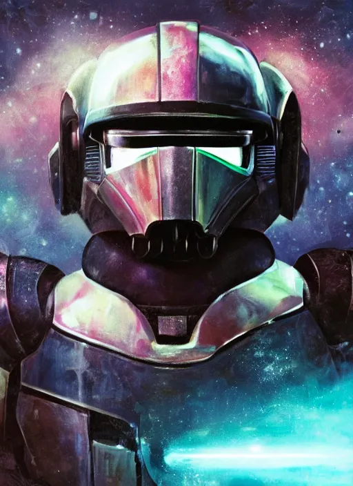 Prompt: Robot Suit, Samus Aran, Colorful, Space Background, Human Jaw, Mouth, Half Helmet, Visor, Bust, Concept Art, Storm Trooper, Vader, Dark Helmet, Helmet, Dredd, Karl Urban, Sylvester Stallone, Profile, High Detail, 2D art, Artstation, Neon lights, Sci-fi, Space suit, Luis Nieves Sr, Makoto Kano, Metroid