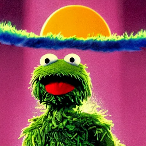 Prompt: oscar the grouch ascends to heaven, photo from sesame street