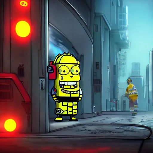 Image similar to cyberpunk spongebob as a firefighter in the city, cinematic, high definition, digital art,