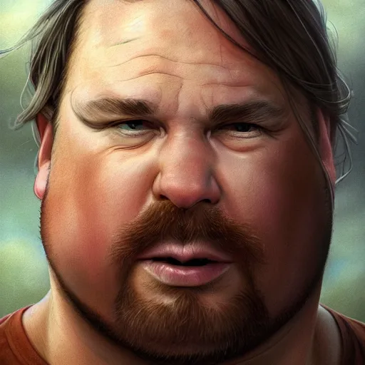 Image similar to portrait of a half fatman half pig with long hair tied in a ponytail, light stubble with red shirt ,digital art,photorealistoc,art by greg rutkowski,hyperdetailed,western comic style,comic,comic style,sharp lineart,professional lighting,deviantart,artstation,trevor henderson,rossdtaws,cinematic,dramatic