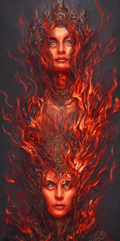 Image similar to Fantasy character portrait of distorted detailed painting of a queen woman made of fire, hyper detailed, red flames, trending on Artstation