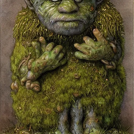 Image similar to a cute friendly mossy trollmancer made of moss and wood by brian froud, insanely detailed, forestpunk,