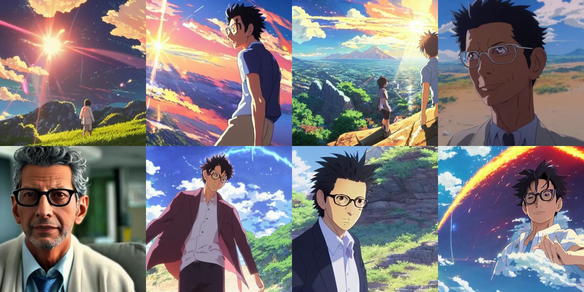 Prompt: jeff goldblum in a still from the anime your name ( 2 0 1 6 ) directed by makoto shinkai