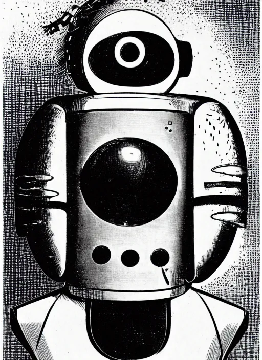Prompt: portrait of a robot expressing suffering upon realizing that it is not capable of dreaming by 1 9 5 0 retro futurist illustration