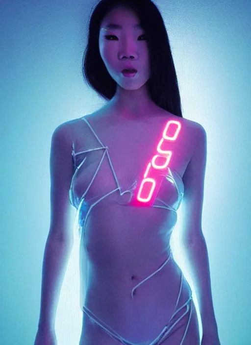 Prompt: an exotic asian female humanoid with freckles on face, cyber neon lighting, futurism, intricate, cyberpunk glossy white latex swimsuit, profile posing, hyper photorealistic, crispy quality, digital photography, trending in artstation, trending in pinterest, cinematic, 4 k ultra hd, art by pascal blanche, art by greg rutkowski,