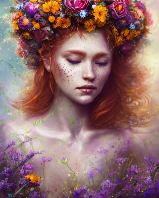 Image similar to cute female bride swathed in flowers, perfect face, tiara, ginger hair, abs, cinematic, freckles, stunning, athletic, strong, agile, highly detailed, psychedelic, digital painting, artstation, smooth, hard focus, illustration, art by jessica rossier and and brian froud