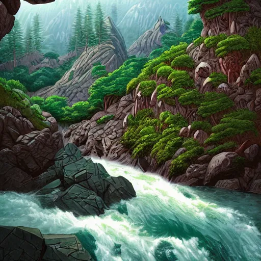 Prompt: avila mountains river, granite rocks, green, cascade, a detailed matte painting by dan mumford, deviantart contest winner, maximalism, 2 d game art, detailed painting, physically based rendering