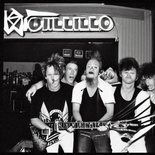 Image similar to vintage photo of Metallica performing at a Taco Bell, 1993